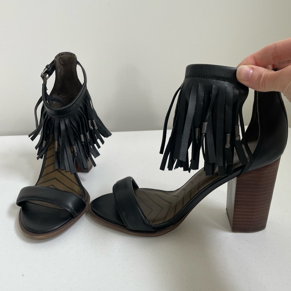Black Fringe Block Heel Sandals